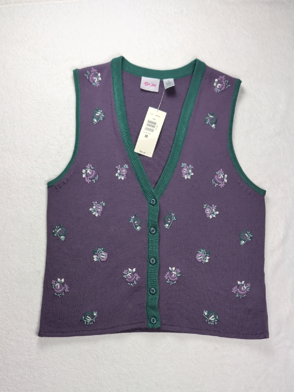 Vintage TanJay Embroidered Floral Knit Sweater Vest NWT M Purple Cottagecore